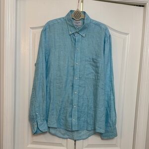 Linen Men's Light Turquoise Preppy Crisp  Button Down Shirt Vacation Beach XL